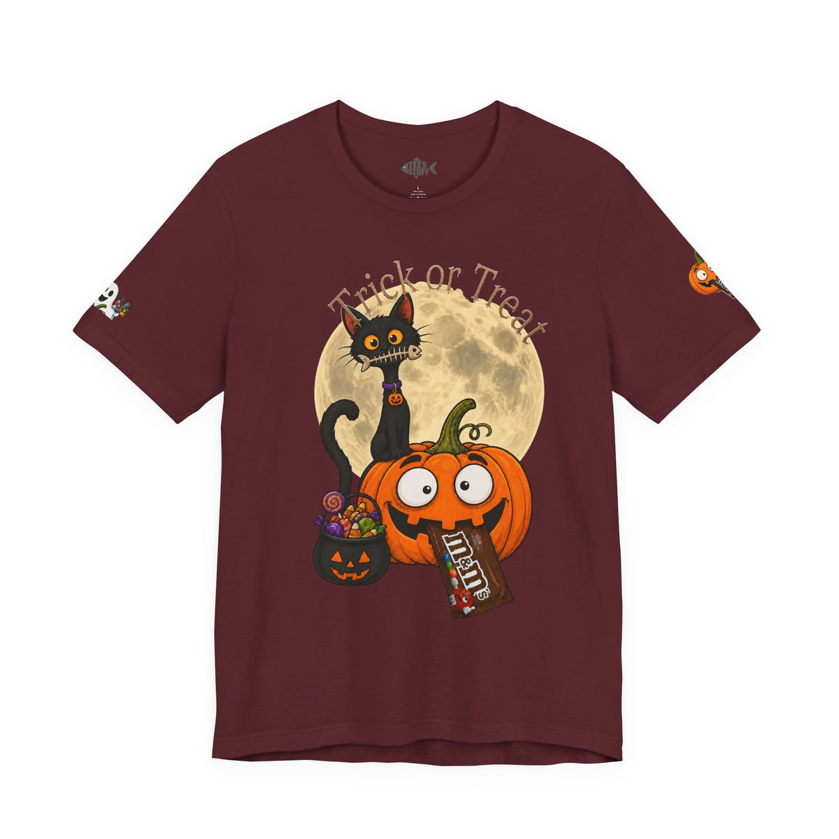 Maroon / / Back, Front, sleeve design, Halloween T-shirt with a black cat orange pumpkin, full moon trick or treat candy bucket with candy and "Trick or Treat" text.