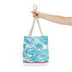 Turquoise coastal Toile Tote Bag- Palm Trees & Island Houses.