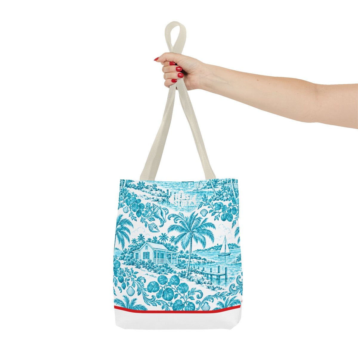 Turquoise coastal Toile Tote Bag- Palm Trees & Island Houses.