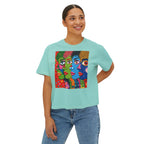 Women's Boxy Tee — Colorful Pop Art Faces Graphic Cropped T‑Shirt