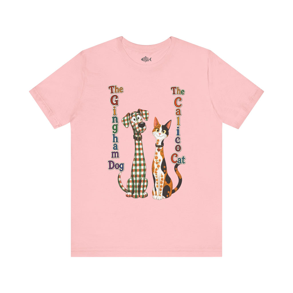 Gingham Dog & Calico Cat Tee — Plaid Pet Illustration T-Shirt