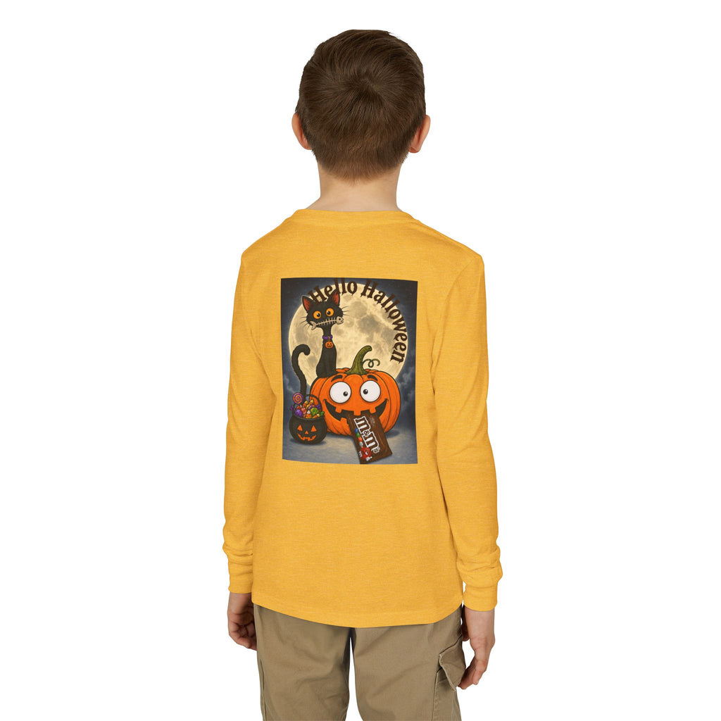 Kids' Halloween Long Sleeve Tee — 'Trick or Treat' Black Cat & Pumpkin Design