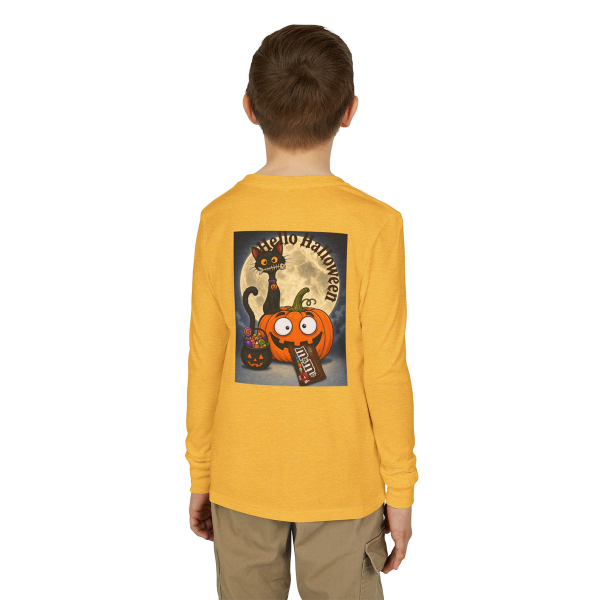Kids' Halloween Long Sleeve Tee — 'Trick or Treat' Black Cat & Pumpkin Design