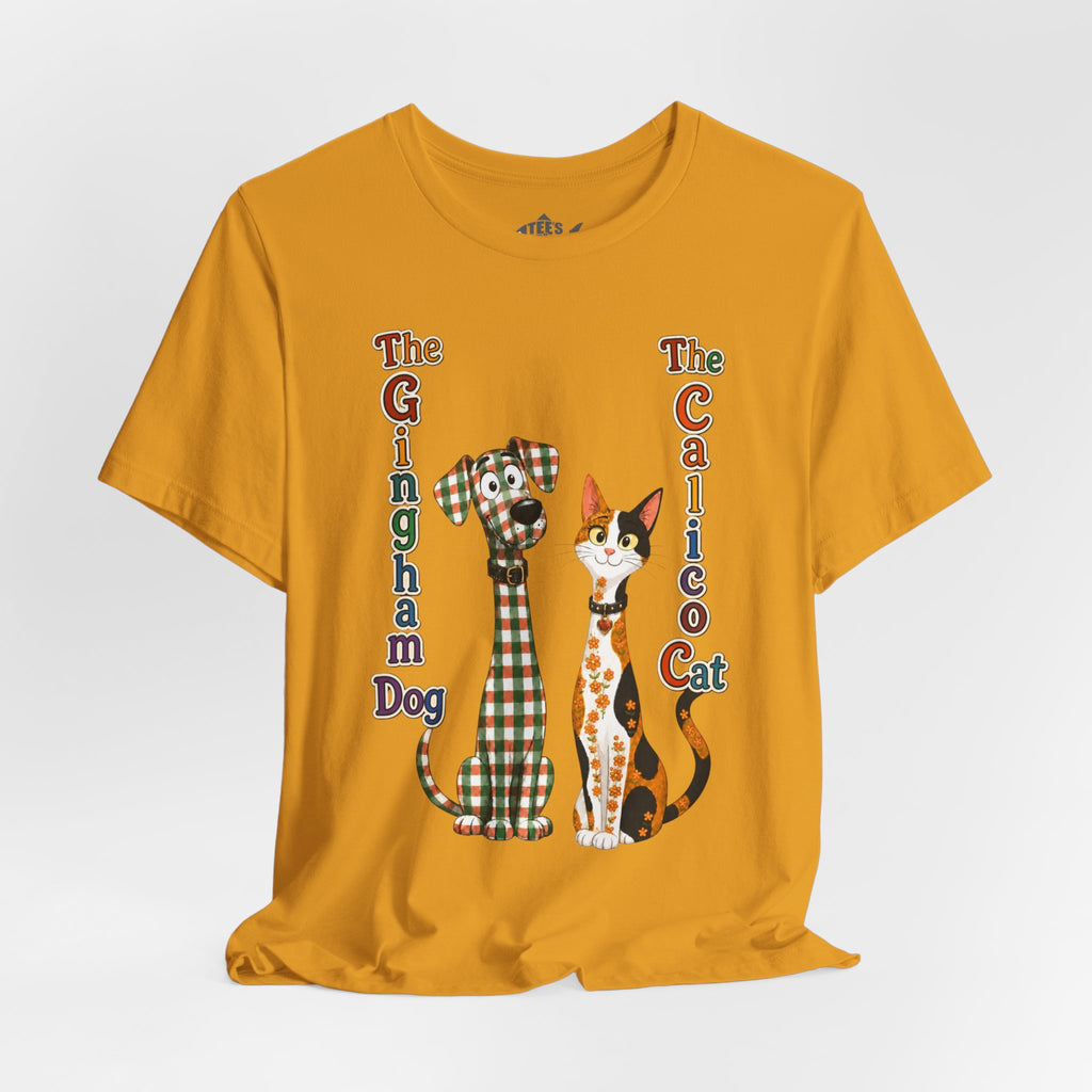 Gingham Dog & Calico Cat Tee — Plaid Pet Illustration T-Shirt