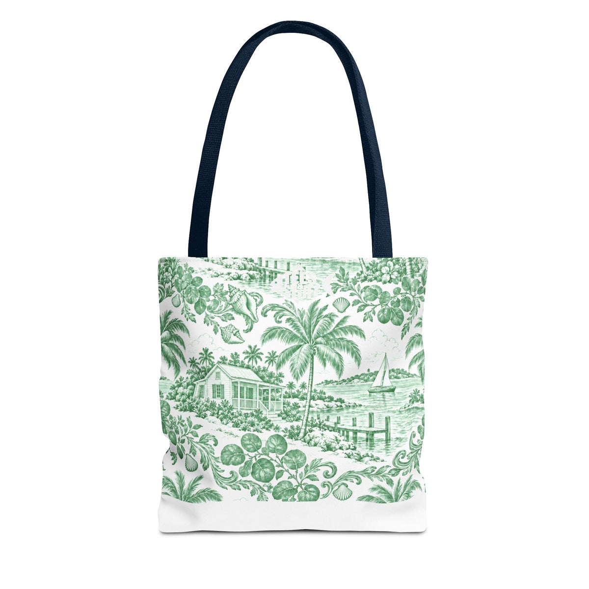 Green Coastal Toile Tote Bag- Palm Trees & Island Houses