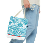 Turquoise coastal Toile Tote Bag- Palm Trees & Island Houses.
