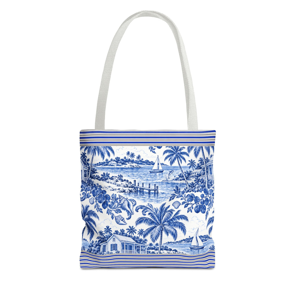 Nassau Blue Coastal Toile Tote Bag — Nautical Bahama / Palm Beach Scene All-Over Print