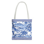 Nassau Blue Coastal Toile Tote Bag — Nautical Bahama / Palm Beach Scene All-Over Print