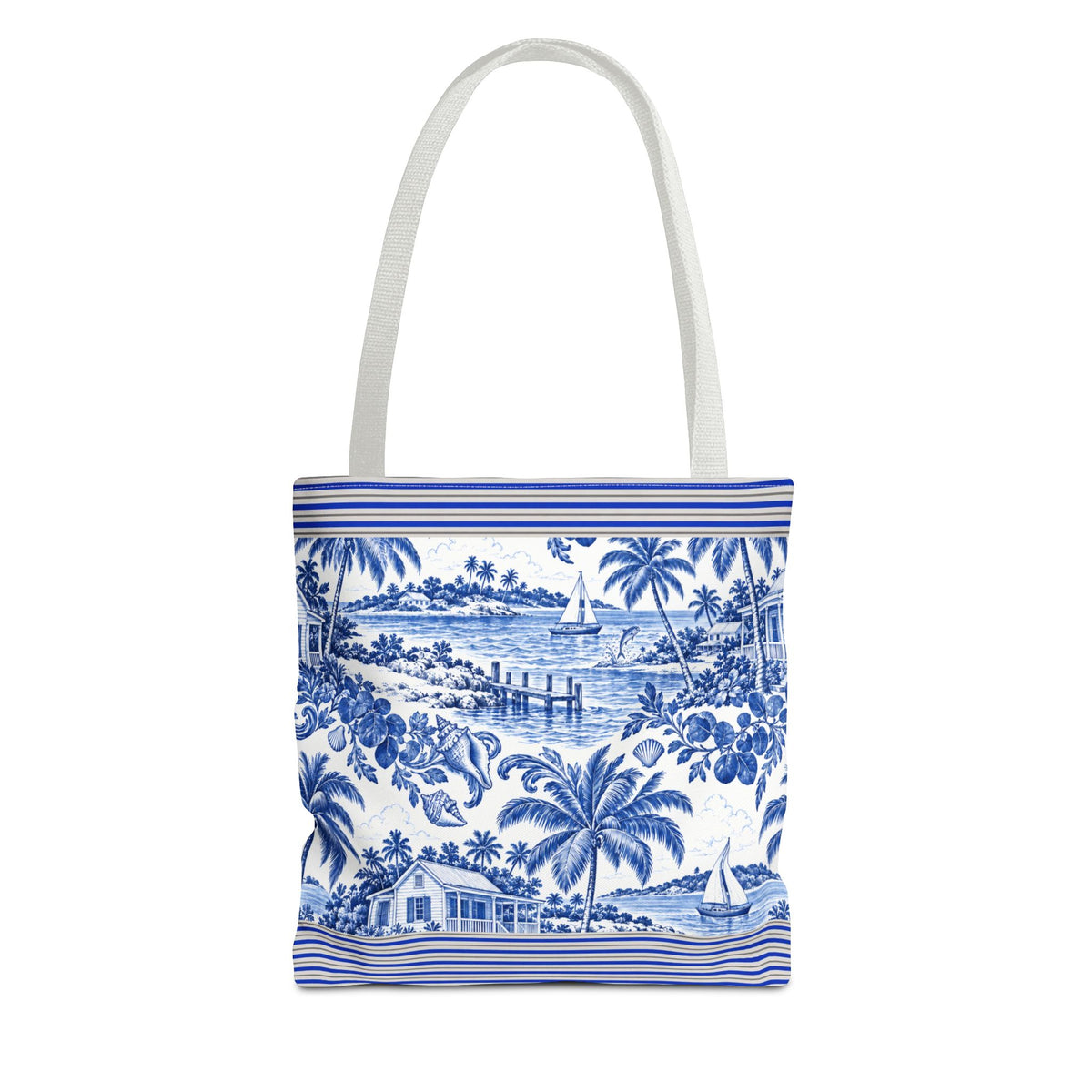 Nassau Blue Coastal Toile Tote Bag — Nautical Bahama / Palm Beach Scene All-Over Print