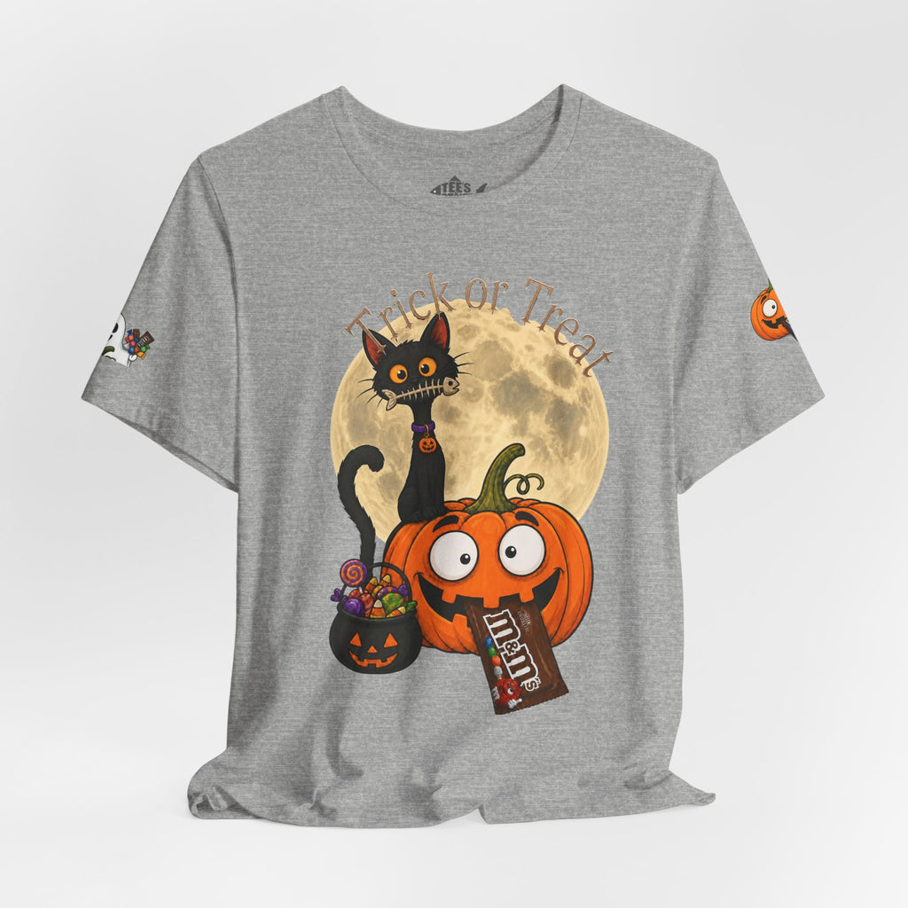 Heather Gray / Back, Front, sleeve design, Halloween T-shirt with a black cat orange pumpkin, full moon trick or treat candy bucket with candy and "Trick or Treat" text.