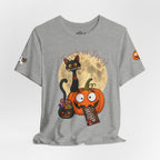 Heather Gray / Back, Front, sleeve design, Halloween T-shirt with a black cat orange pumpkin, full moon trick or treat candy bucket with candy and "Trick or Treat" text.