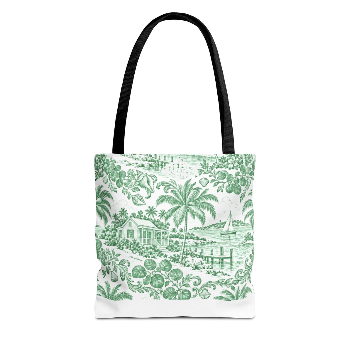 Green Coastal Toile Tote Bag- Palm Trees & Island Houses