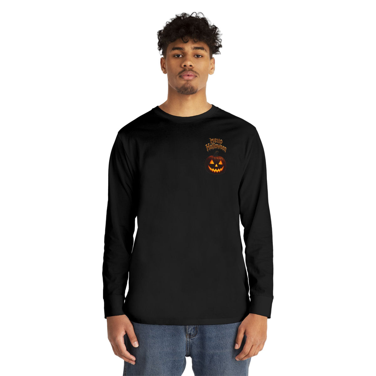 Halloween Cat Long Sleeve Tee — 'Hello Halloween' Jack-O'-Lantern Graphic