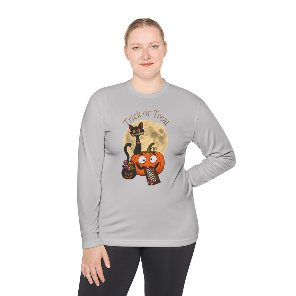 Halloween Pumpkin & Black Cat Long Sleeve Tee — "Trick or Treat / Hello Halloween"
