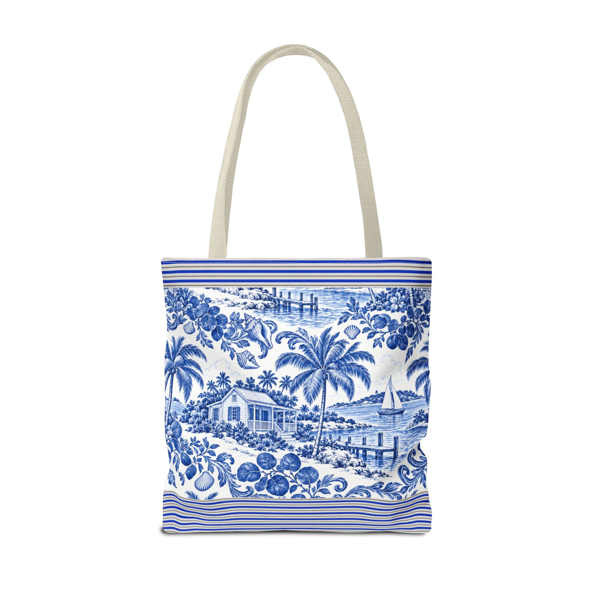 Nassau Blue Coastal Toile Tote Bag — Nautical Bahama / Palm Beach Scene All-Over Print