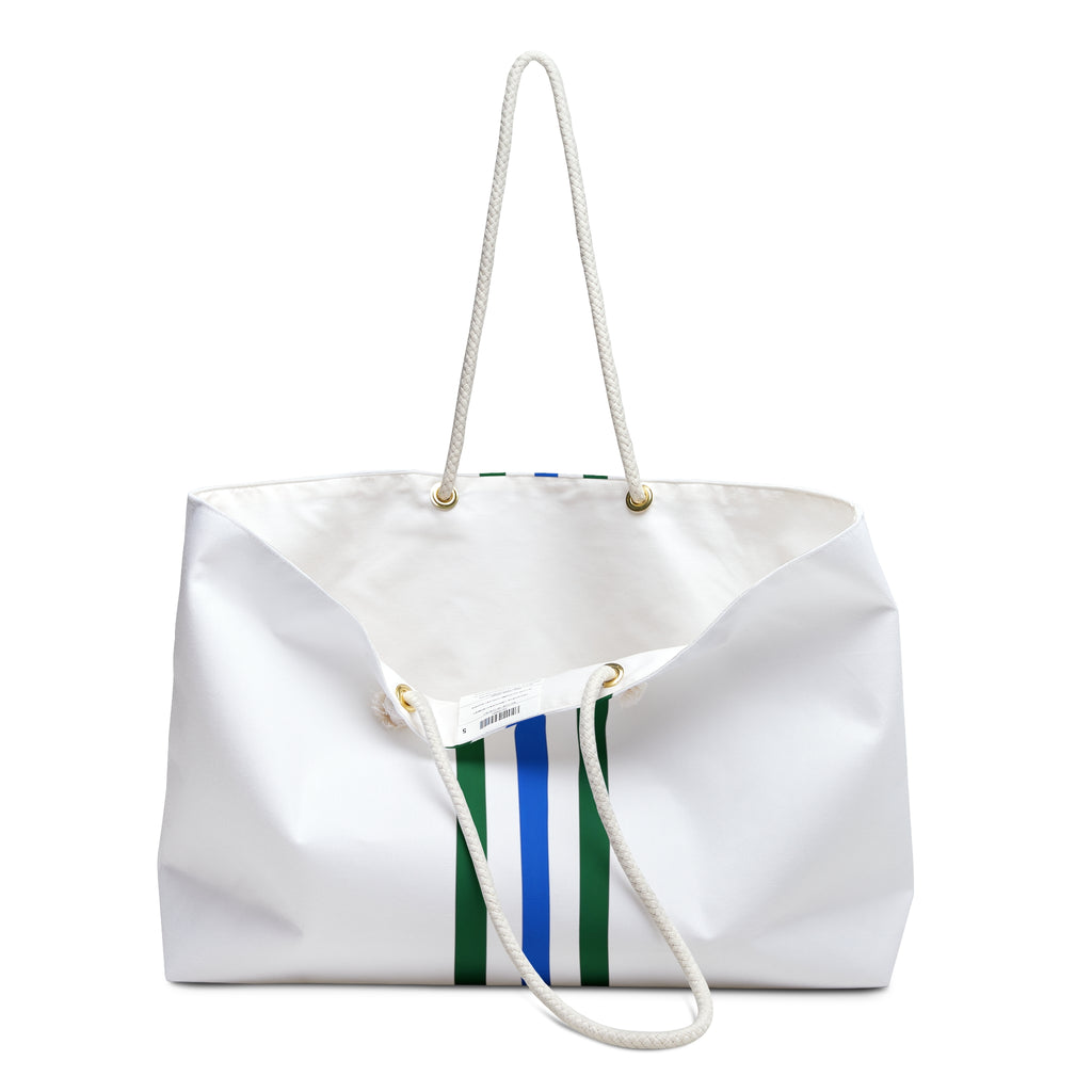 Striped Canvas Weekender Bag — White with Blue & Green Center Stripe