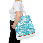 Turquoise coastal Toile Tote Bag- Palm Trees & Island Houses.
