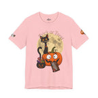 Light Pink/ / Back, Front, sleeve design, Halloween T-shirt with a black cat orange pumpkin, full moon trick or treat candy bucket with candy and "Trick or Treat" text.