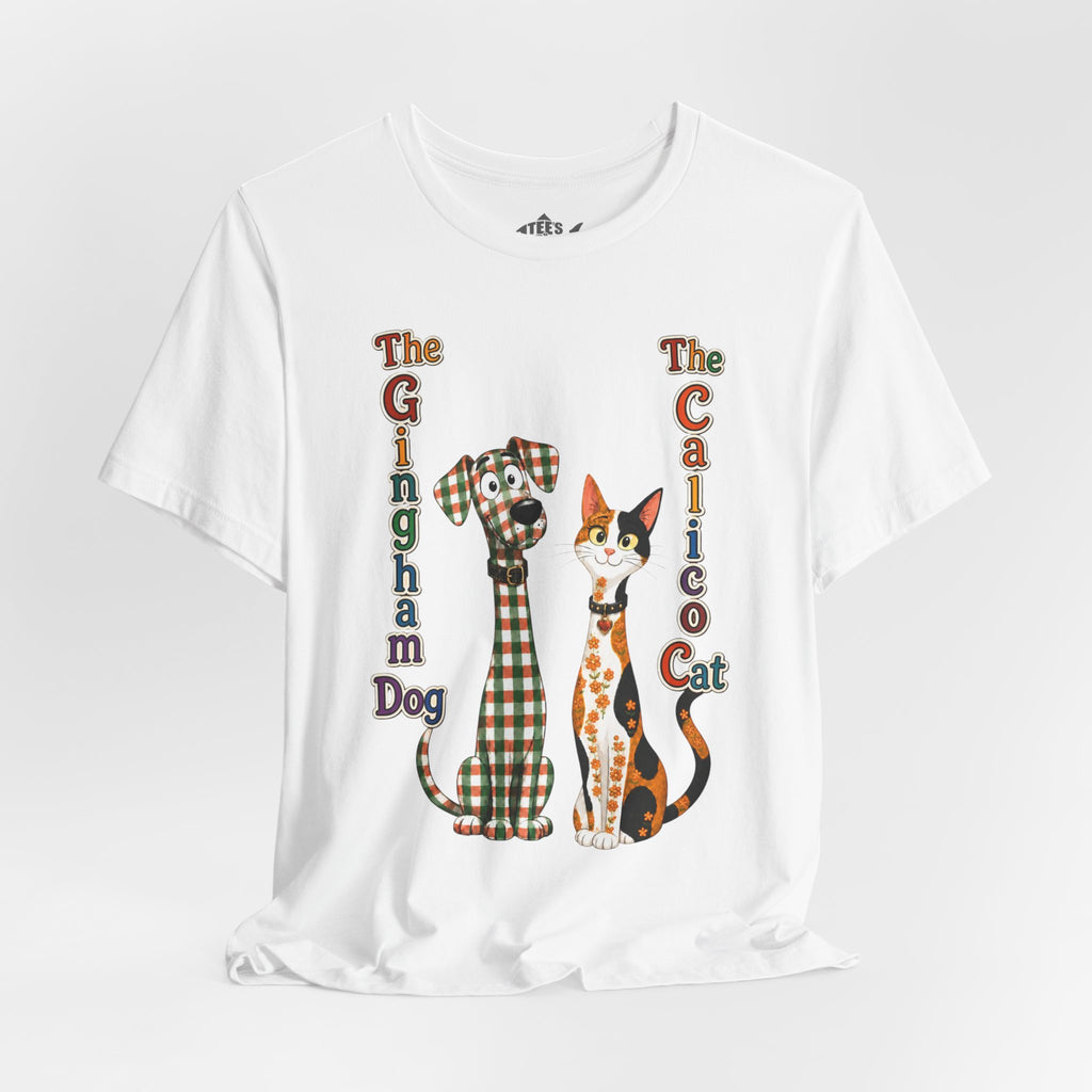 Gingham Dog & Calico Cat Tee — Plaid Pet Illustration T-Shirt