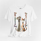 Gingham Dog & Calico Cat Tee — Plaid Pet Illustration T-Shirt
