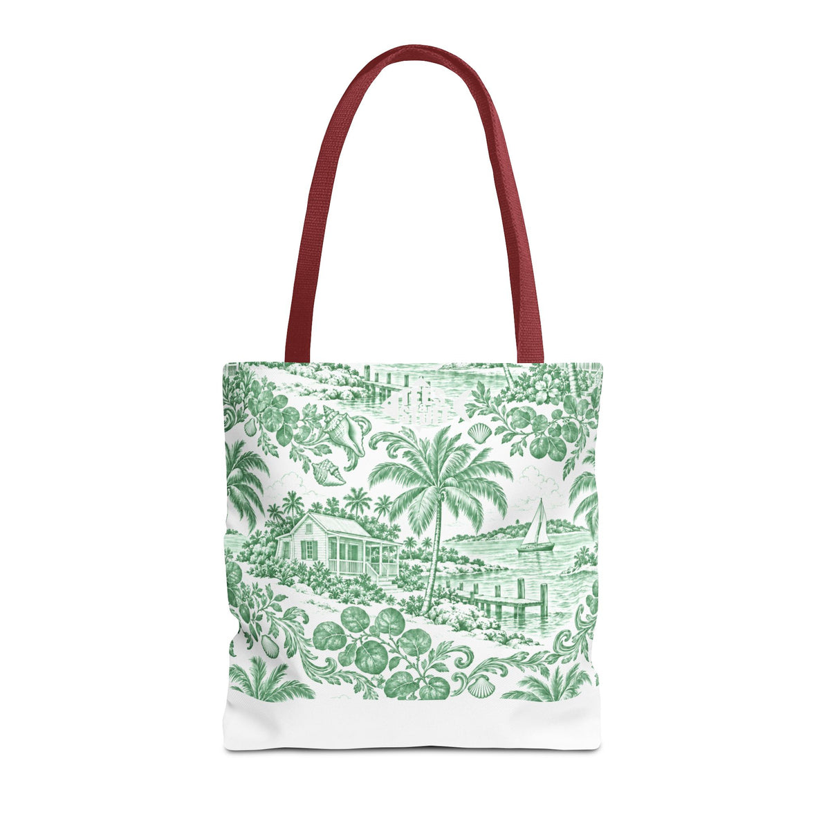 Green Coastal Toile Tote Bag- Palm Trees & Island Houses