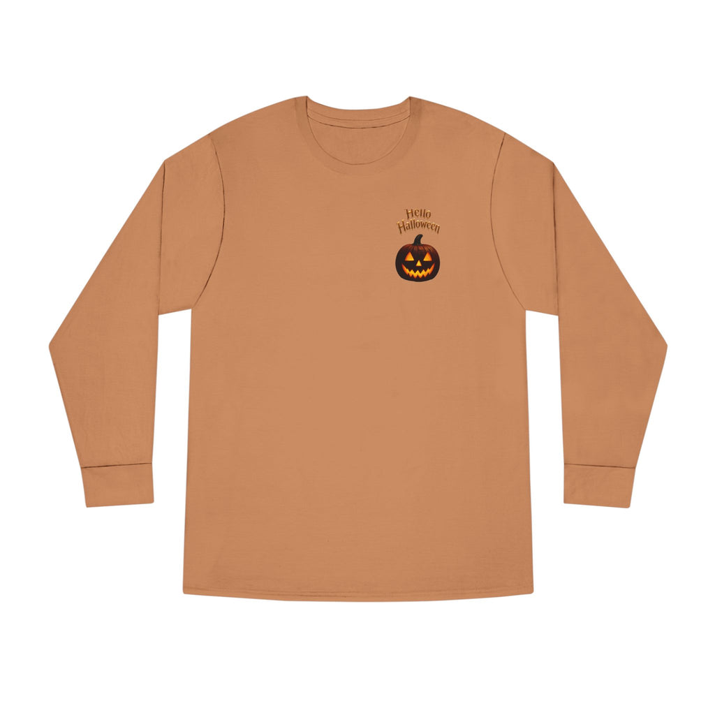 Halloween Cat Long Sleeve Tee — 'Hello Halloween' Jack-O'-Lantern Graphic