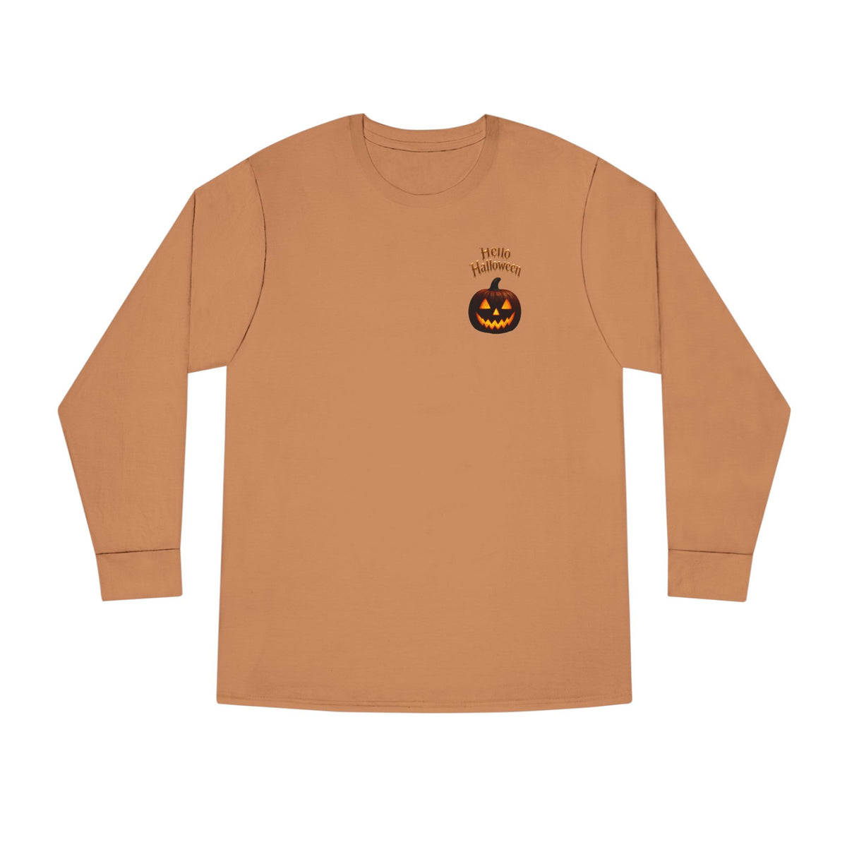 Halloween Cat Long Sleeve Tee — 'Hello Halloween' Jack-O'-Lantern Graphic