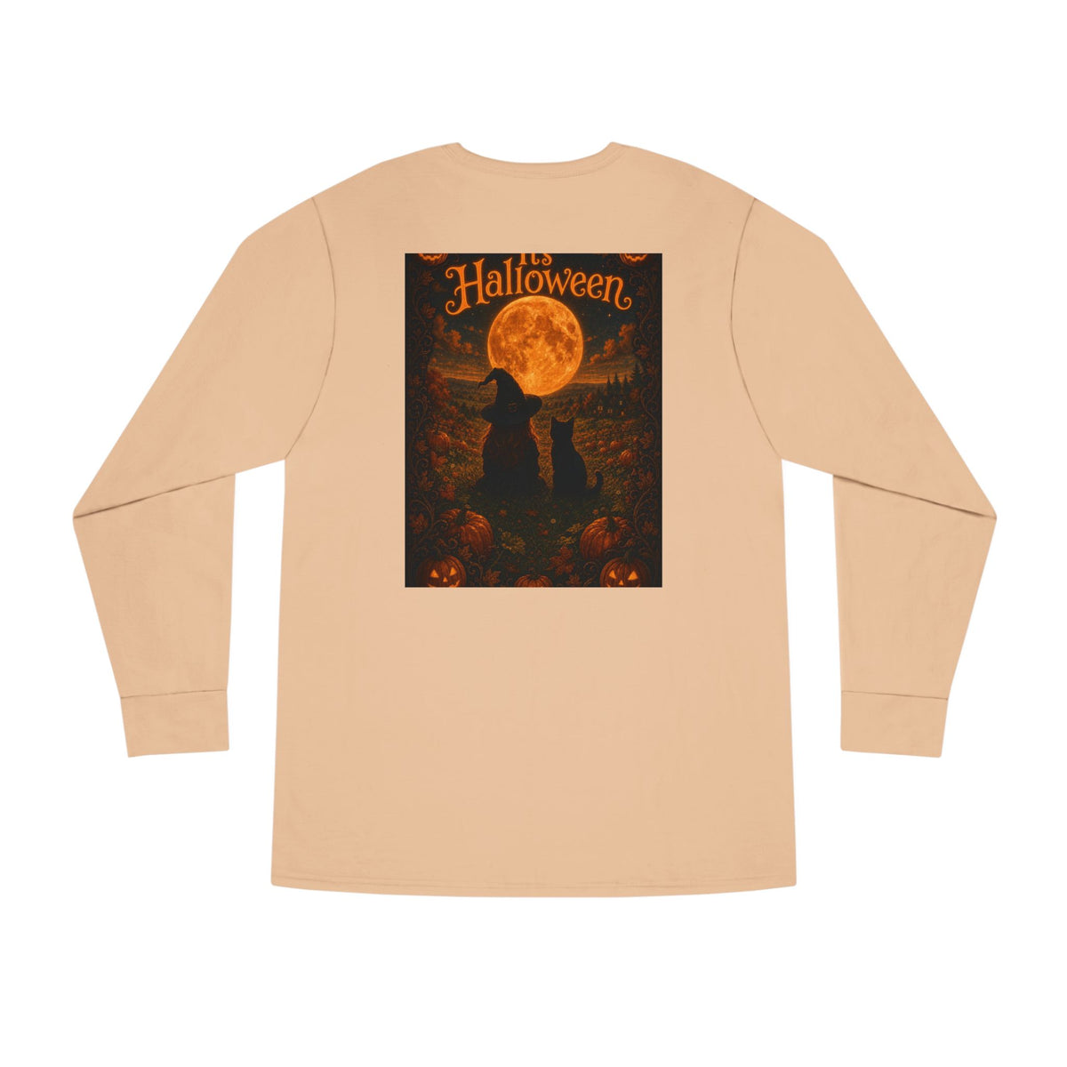 Halloween Cat Long Sleeve Tee — 'Hello Halloween' Jack-O'-Lantern Graphic