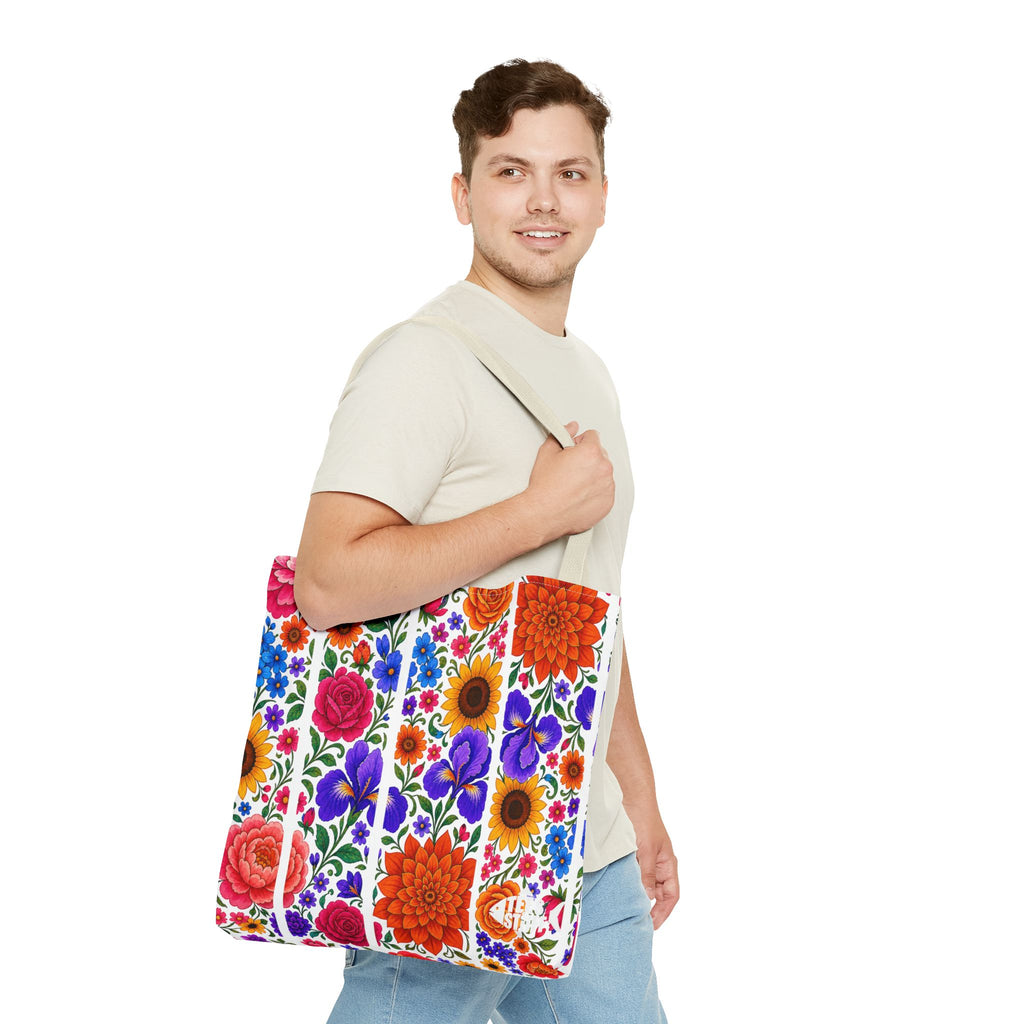Floral Stripe Tote Bag — Bright Mexican Folk Art Flowers AOP
