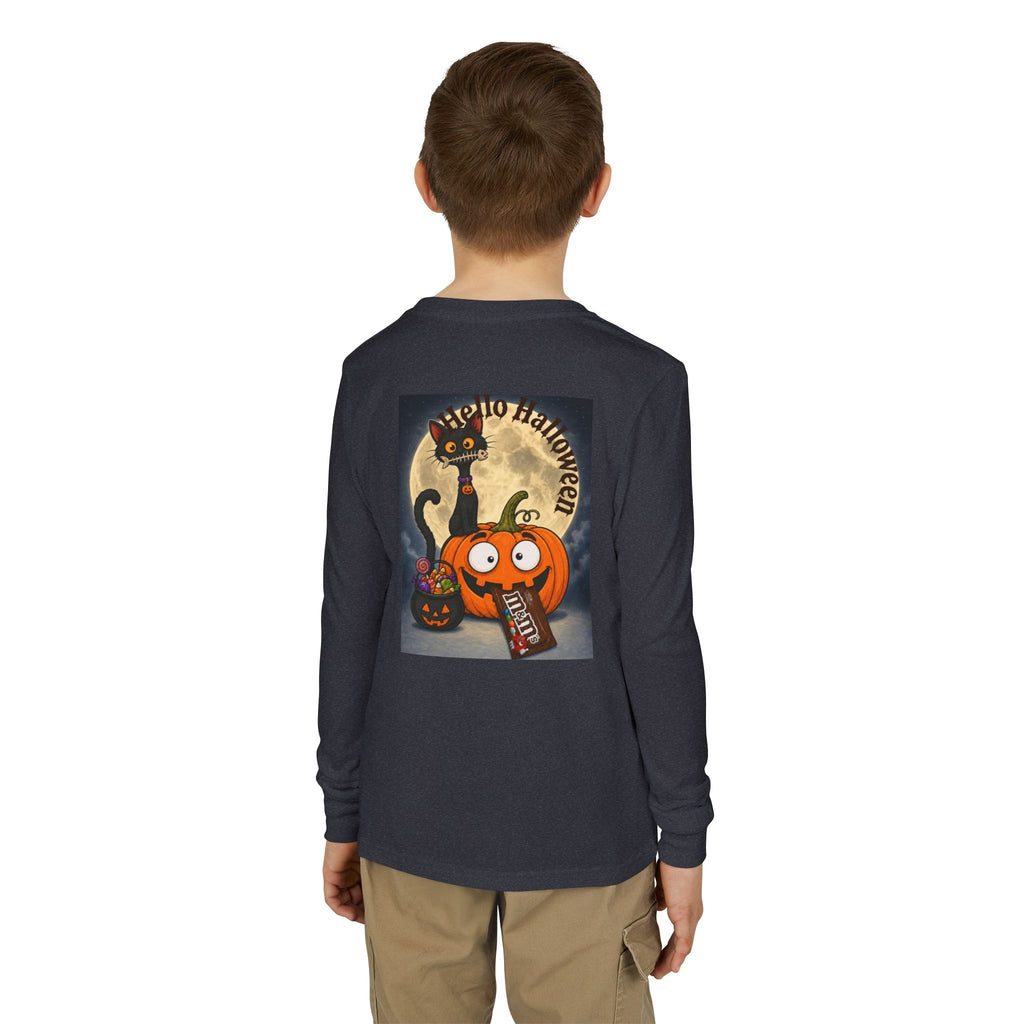 Kids' Halloween Long Sleeve Tee — 'Trick or Treat' Black Cat & Pumpkin Design