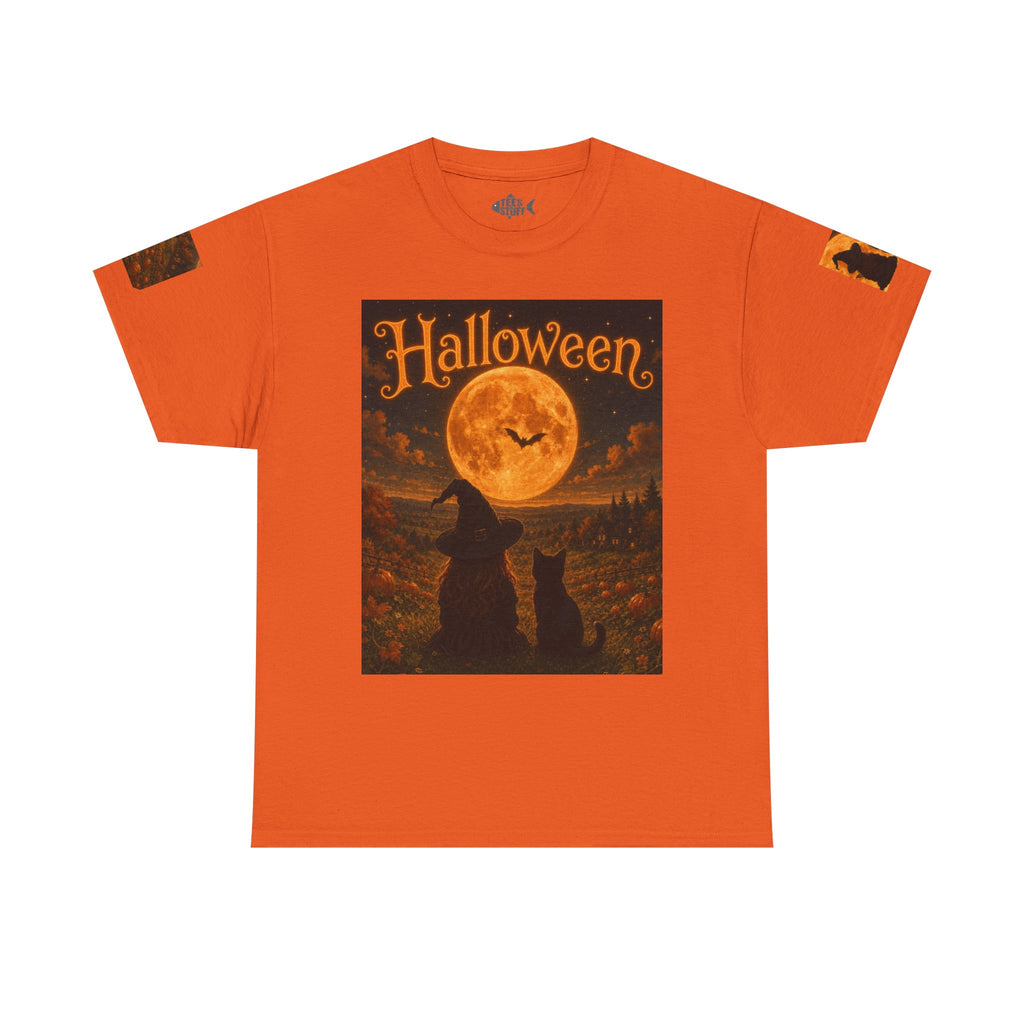 Halloween Graphic Tee — "It's Halloween" Witch & Cat Moon Design