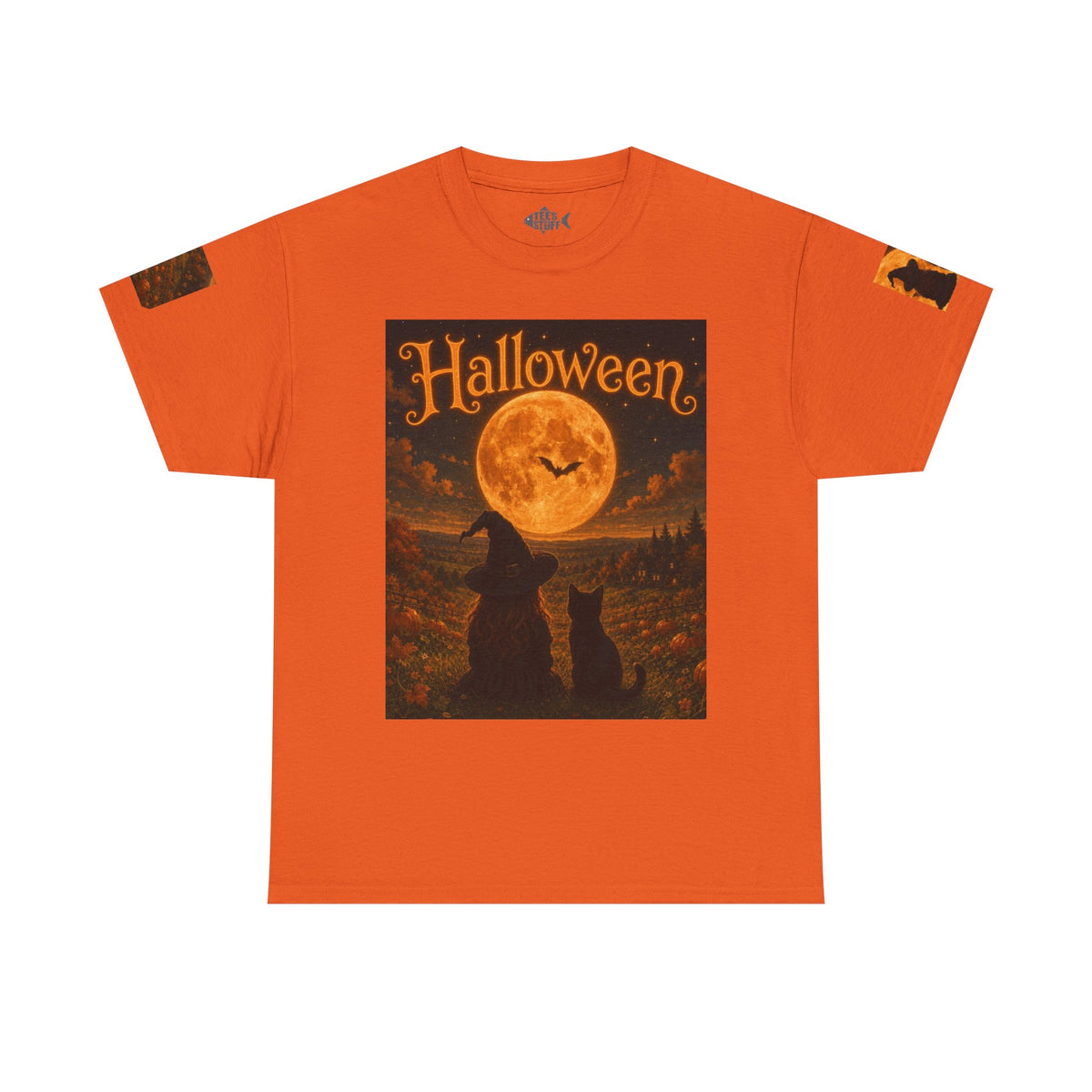 Halloween Graphic Tee — "It's Halloween" Witch & Cat Moon Design