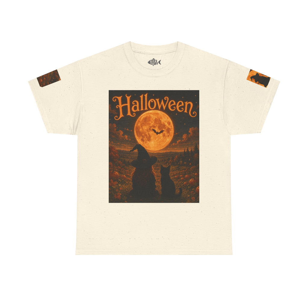 Halloween Graphic Tee — "It's Halloween" Witch & Cat Moon Design