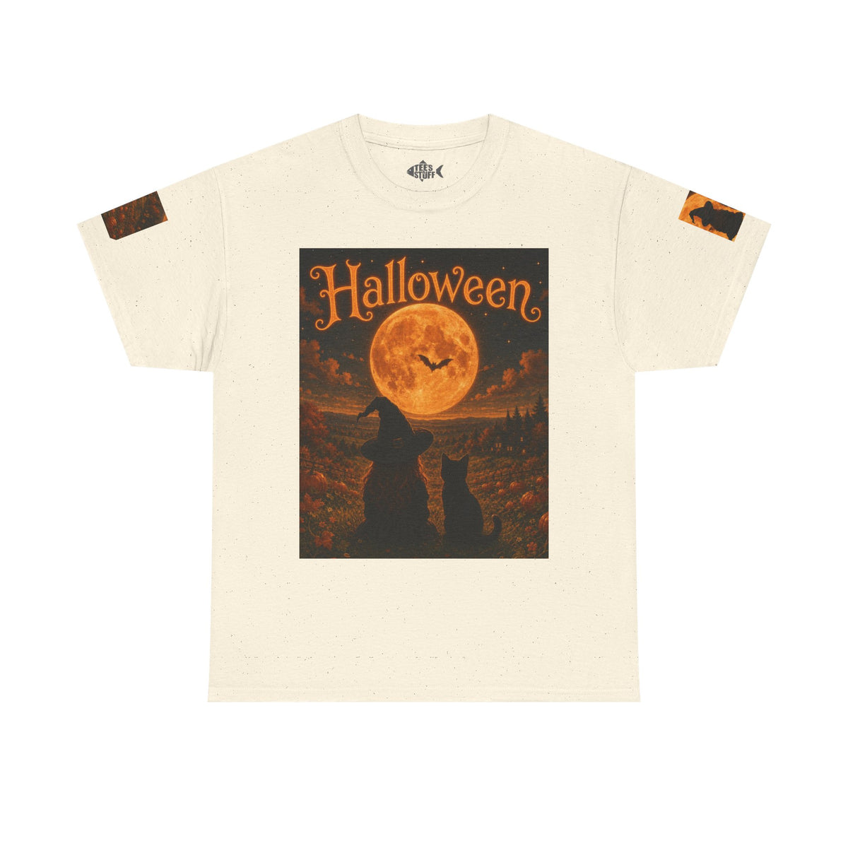 Halloween Graphic Tee — "It's Halloween" Witch & Cat Moon Design