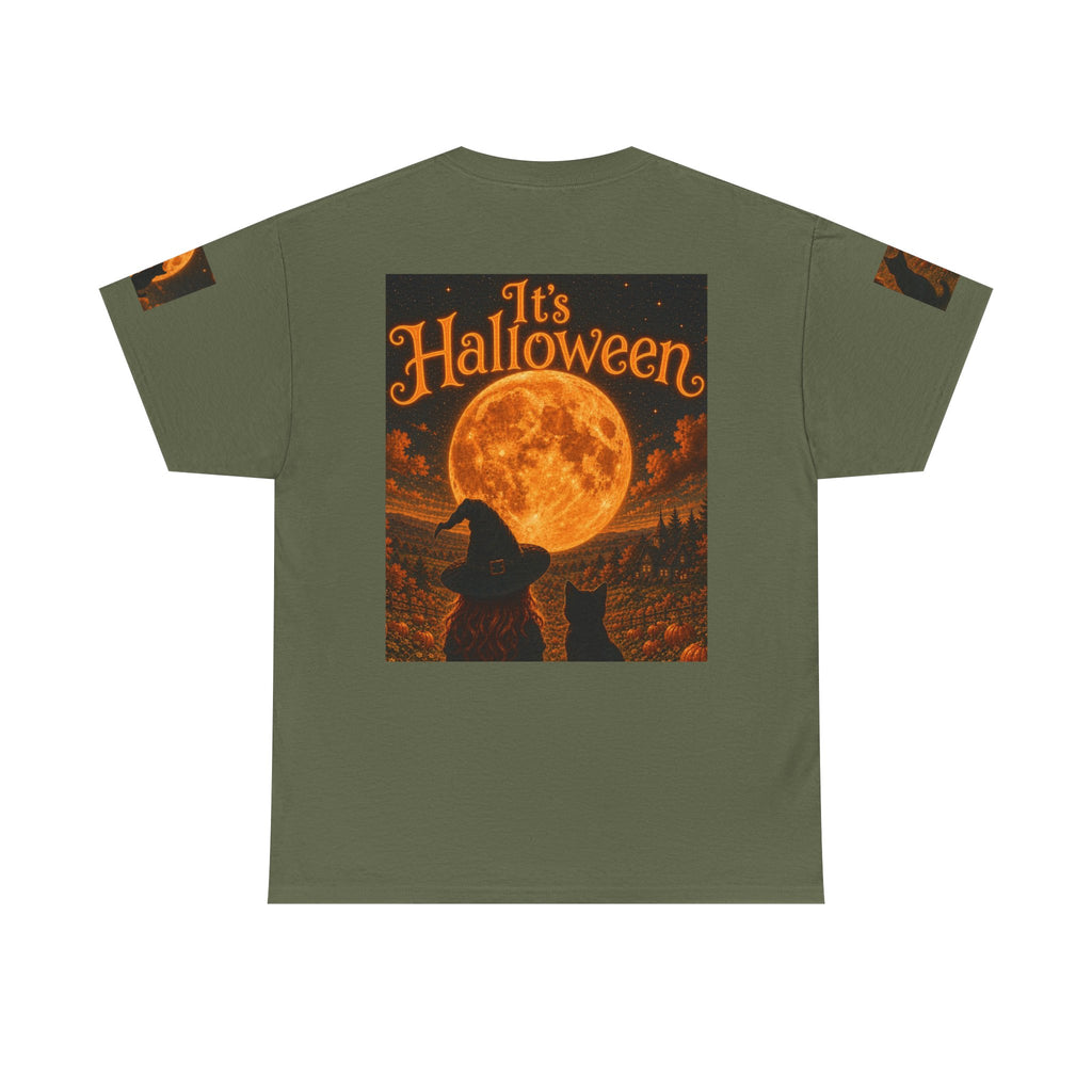 Halloween Graphic Tee — "It's Halloween" Witch & Cat Moon Design