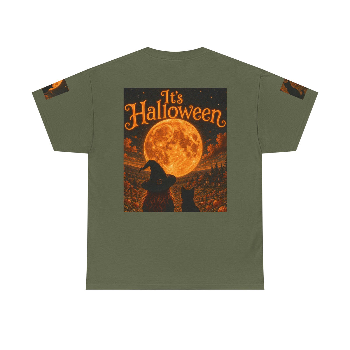 Halloween Graphic Tee — "It's Halloween" Witch & Cat Moon Design
