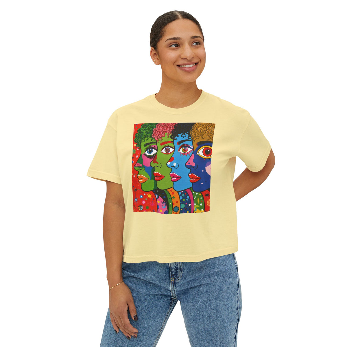 Women's Boxy Tee — Colorful Pop Art Faces Graphic Cropped T‑Shirt