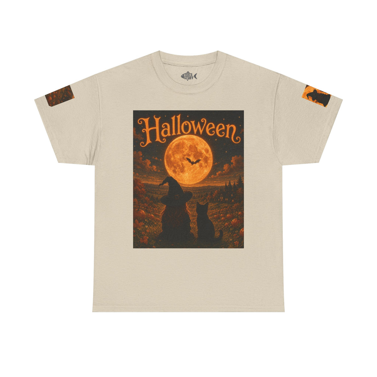 Halloween Graphic Tee — "It's Halloween" Witch & Cat Moon Design