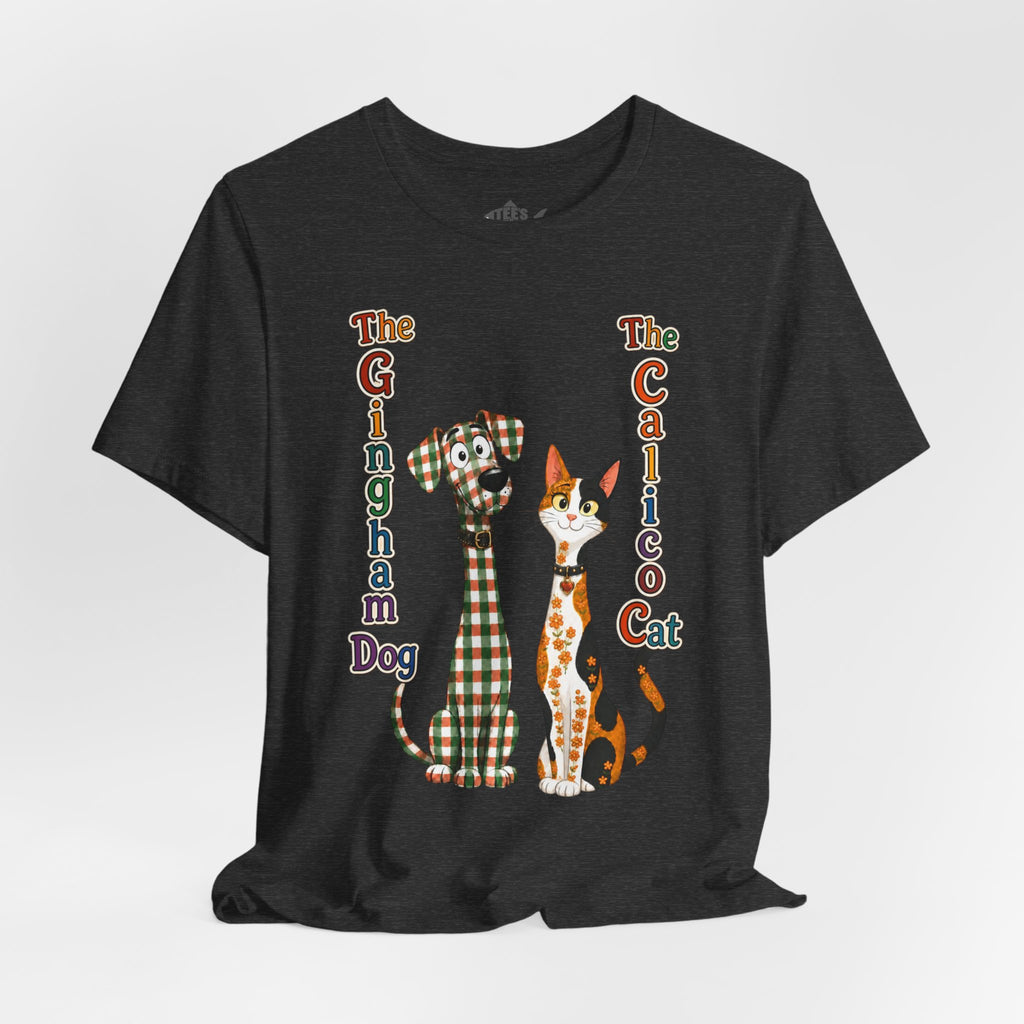 Gingham Dog & Calico Cat Tee — Plaid Pet Illustration T-Shirt