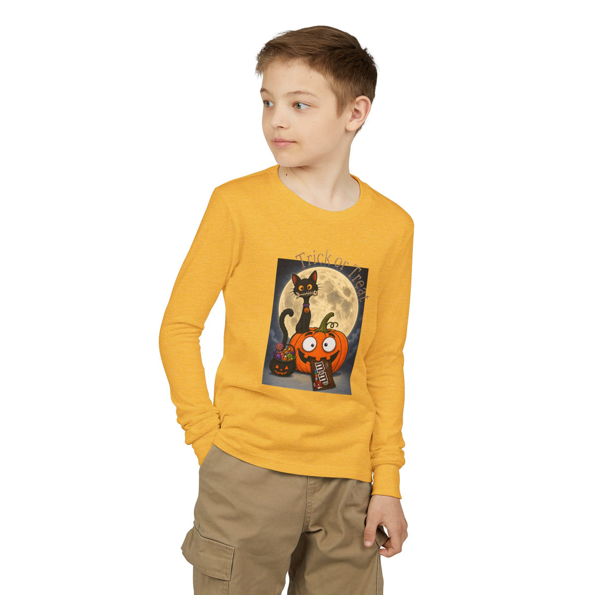Kids' Halloween Long Sleeve Tee — 'Trick or Treat' Black Cat & Pumpkin Design