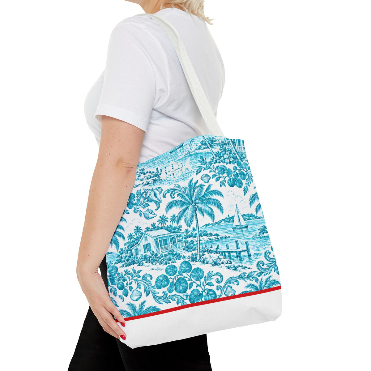 Turquoise coastal Toile Tote Bag- Palm Trees & Island Houses.