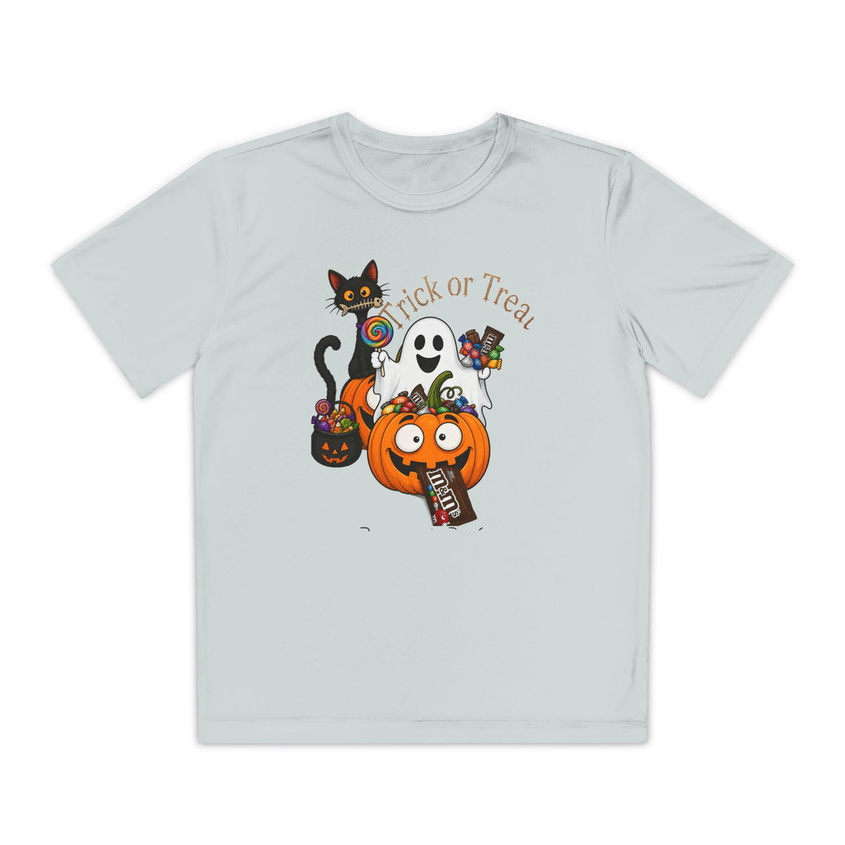 Kids Halloween Trick or Treat T-Shirt — Cute Pumpkin, Ghost & Black Cat Design