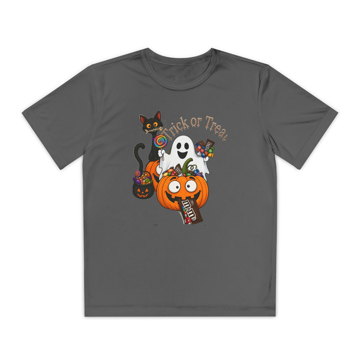 Kids Halloween Trick or Treat T-Shirt — Cute Pumpkin, Ghost & Black Cat Design