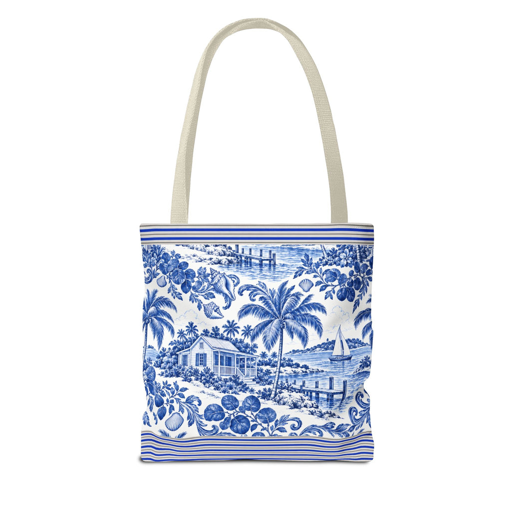 Nassau Blue Coastal Toile Tote Bag — Nautical Bahama / Palm Beach Scene All-Over Print