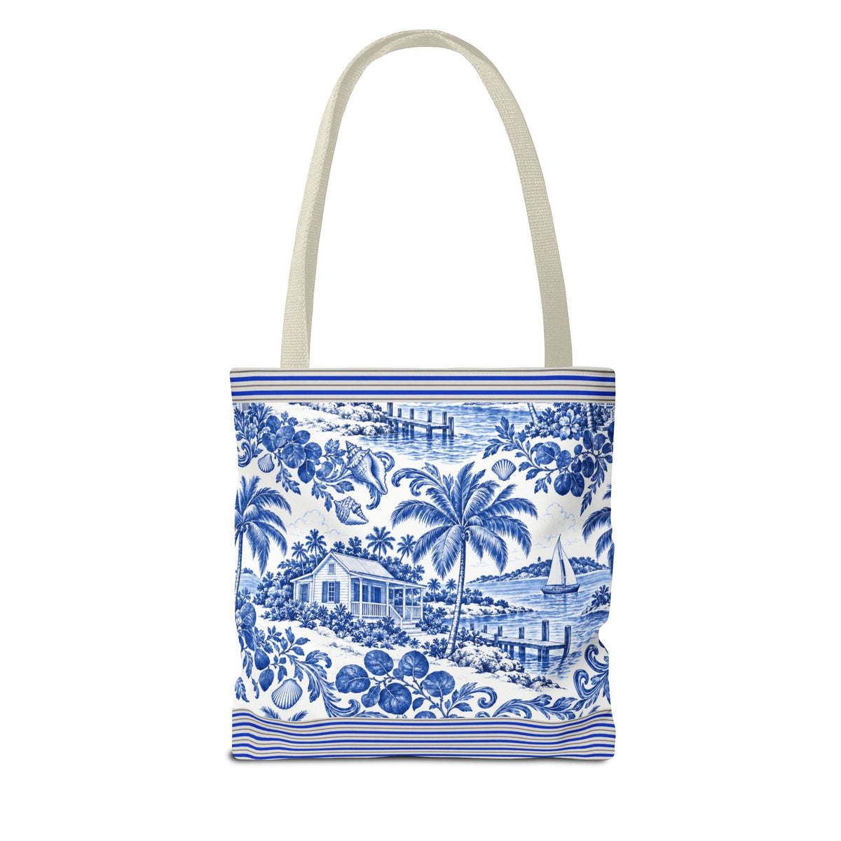 Nassau Blue Coastal Toile Tote Bag — Nautical Bahama / Palm Beach Scene All-Over Print