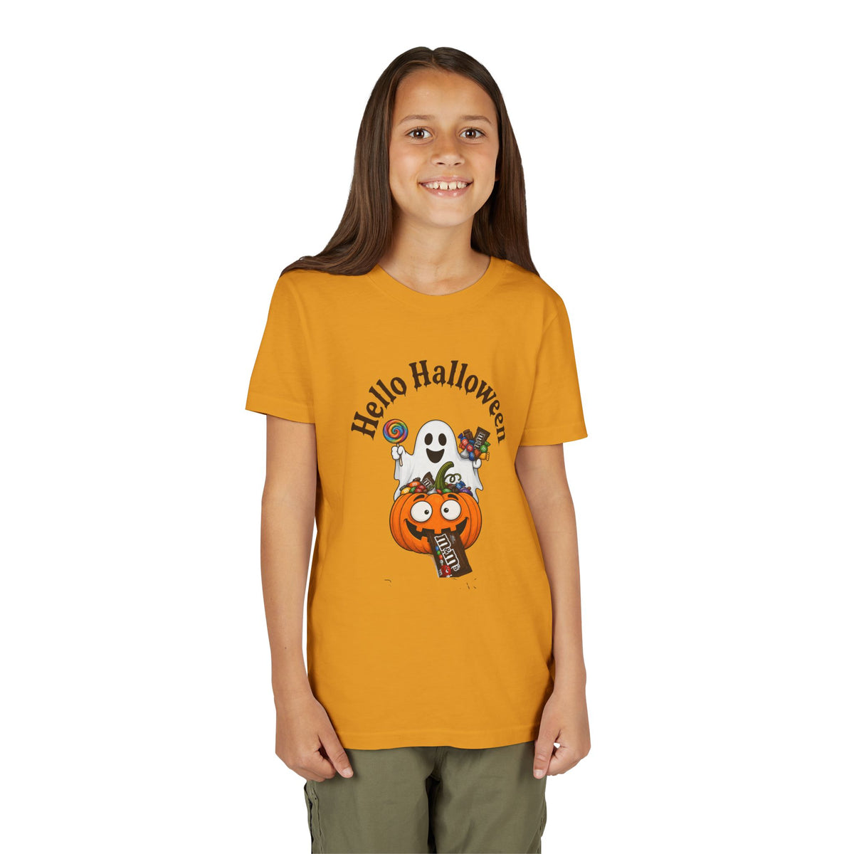 Youth Halloween Tee - "Hello Halloween" Ghost & Pumpkin Trick-or-Treat Shirt