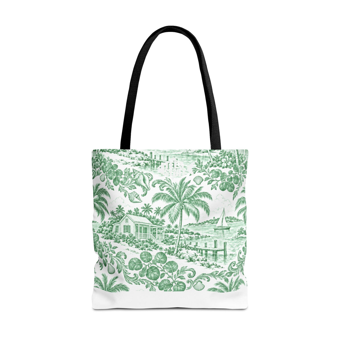 Green Coastal Toile Tote Bag- Palm Trees & Island Houses