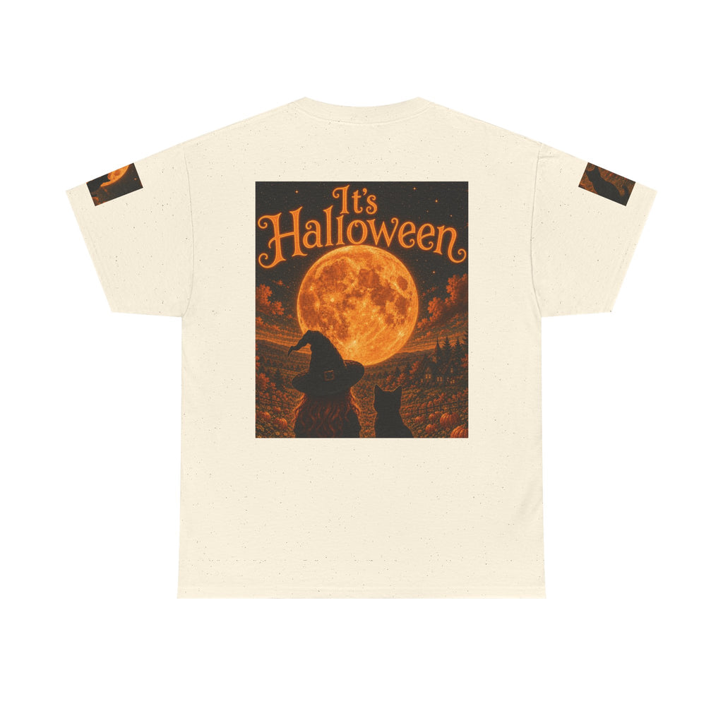 Halloween Graphic Tee — "It's Halloween" Witch & Cat Moon Design
