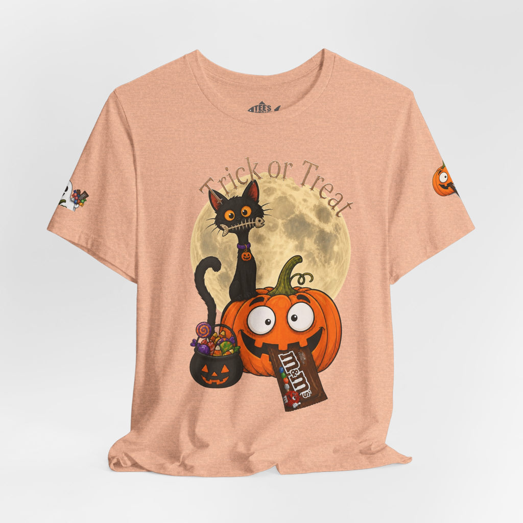 Peach  / Back, Front, sleeve design, Halloween T-shirt with a black cat orange pumpkin, full moon trick or treat candy bucket with candy and "Trick or Treat" text.