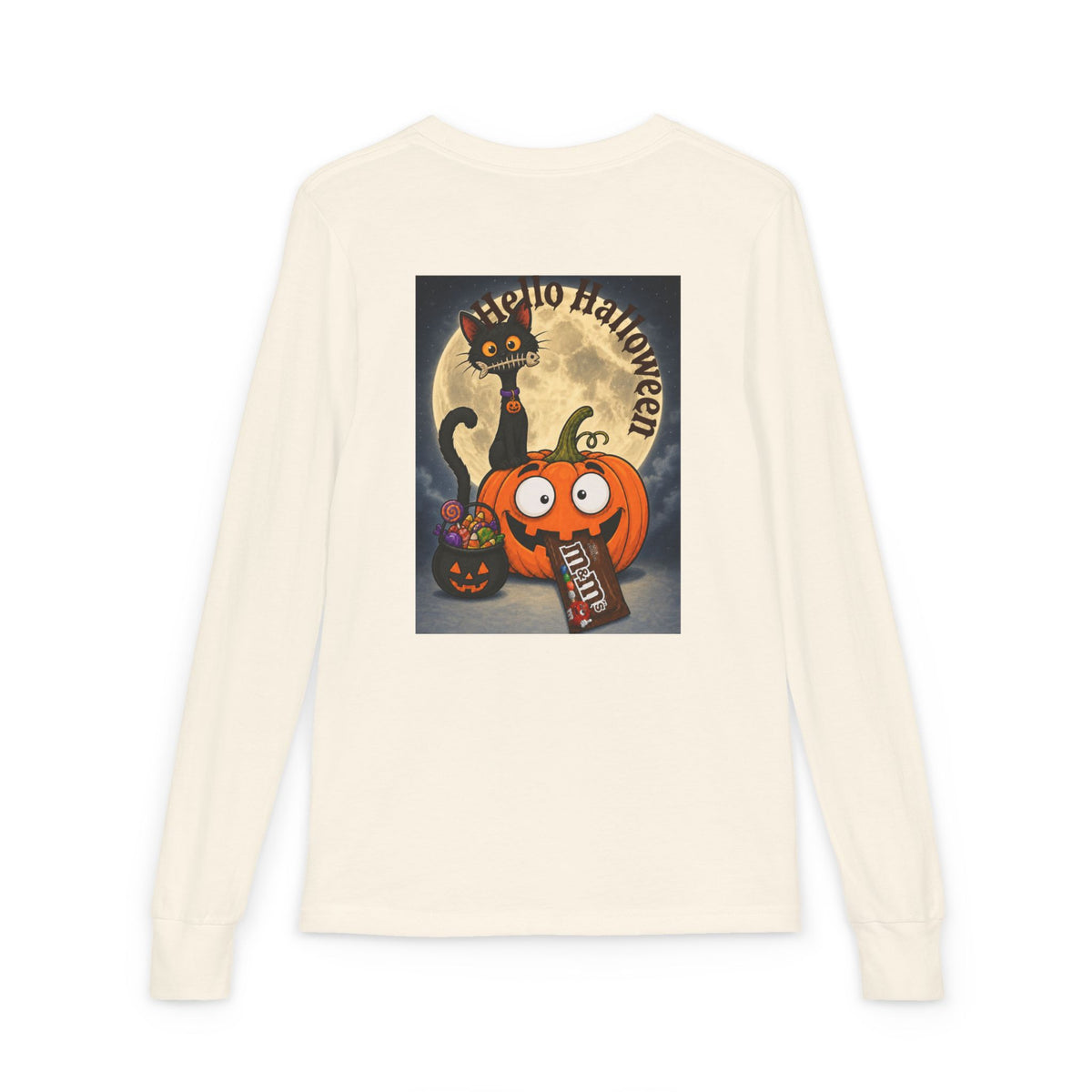 Kids' Halloween Long Sleeve Tee — 'Trick or Treat' Black Cat & Pumpkin Design